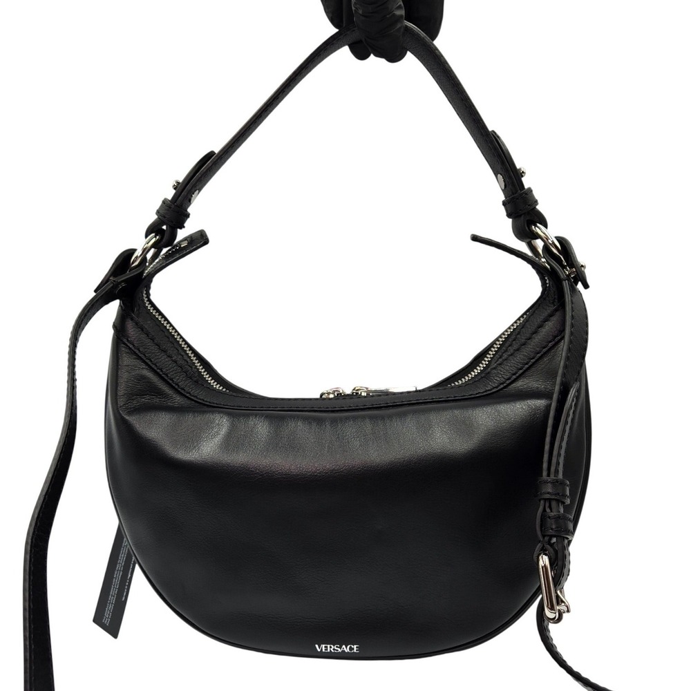 NWT Versace Repeat Small Hobo Bag Black Leather Medusa Biker Zipper - Picture 3 of 10